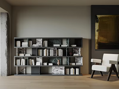 Modern Multi tiered Bookshelf Interior With Books Decorative Items And White Chair 3d model
