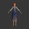 3D Animated Female Character With Red Hair Blue Gradient Dress Long Sleeves And Brown Shoes