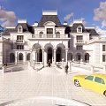 Luxury Detached Villa European Architecture with Towers Balconies Lush Trees and Lawn