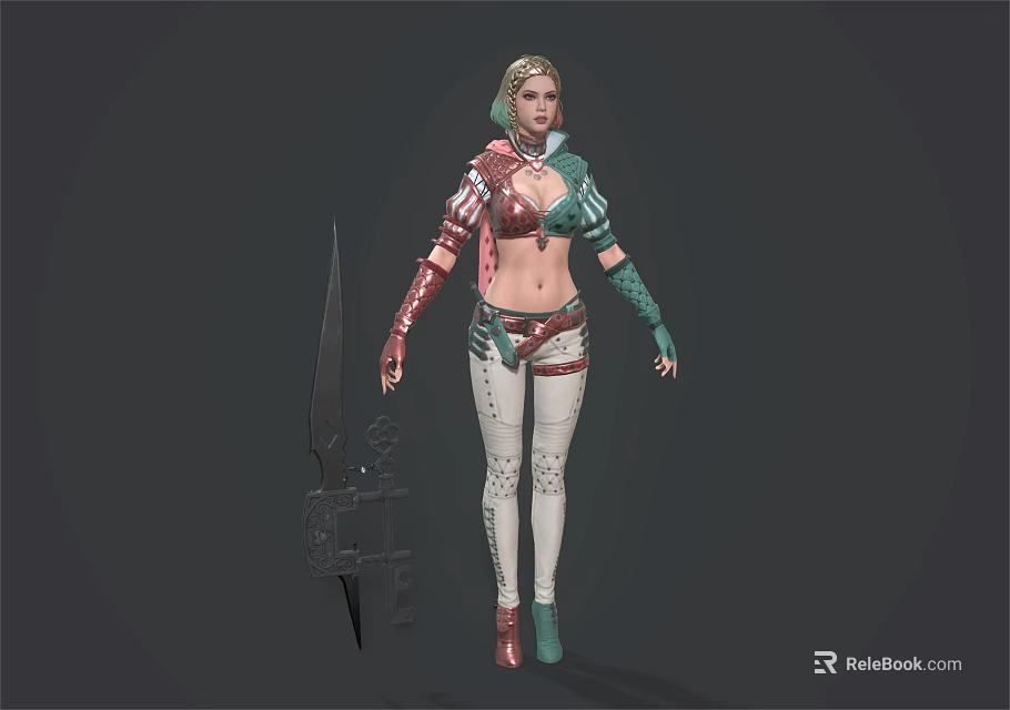 Blonde Female Game Movie Character With Red Green Armor White Tights And Large Weapon 3d model 