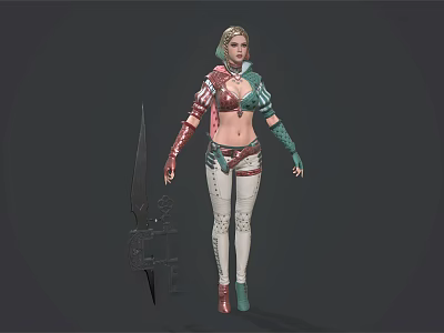 Blonde Female Game Movie Character With Red Green Armor White Tights And Large Weapon 3d model