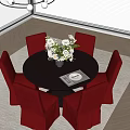 Round Black Dining Table Set with Red Chairs White Purple Flowers Vase Table Mat