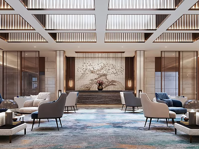 Luxurious Hotel Lobby Interior With Chandelier Lighting Plush Seating And Decorative Wall Art 3d model