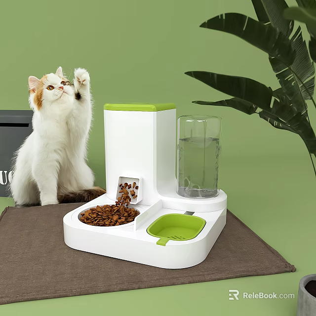 White and Green Automatic Pet Feeder with Water Dispenser for Cat in Modern Home 3d model 