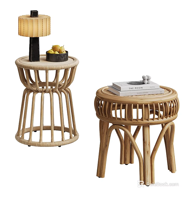 Natural Rattan Side Tables With Modern Design Lamp Fruits And Books 3d model 