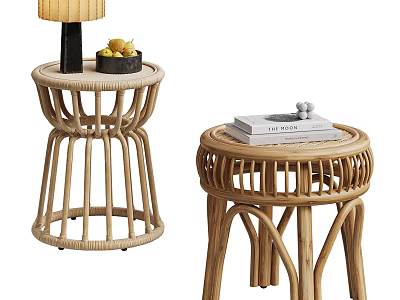 Natural Rattan Side Tables With Modern Design Lamp Fruits And Books 3d model