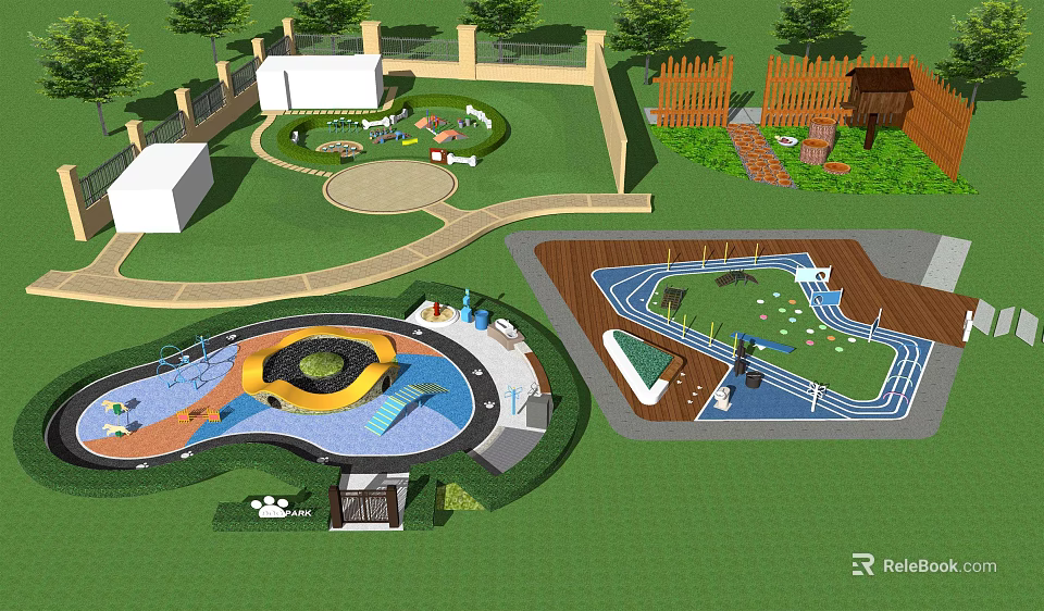 Other Children's Playground Design Including Slides Running Track Lawn Areas And Fences 3d model 