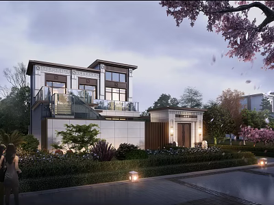 Modern Detached Villa With Lush Greenery Cherry Blossom Trees And Garden Lighting 3d model