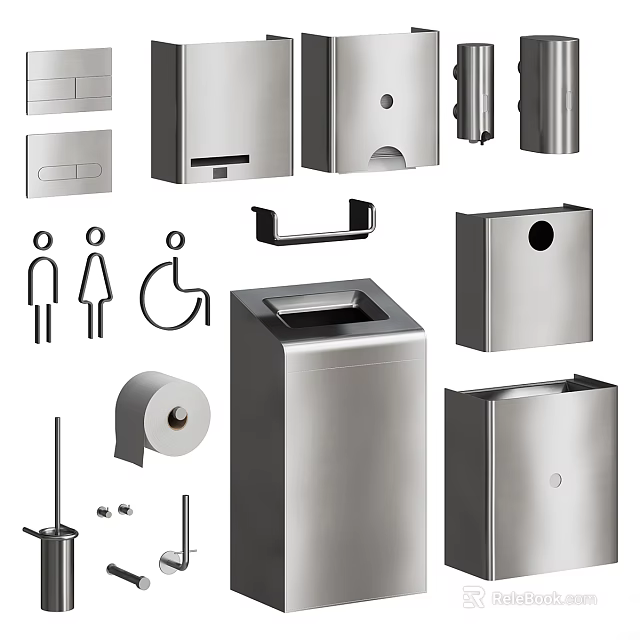 Stainless Steel Bathroom Accessories With Toilet Paper Holder Trash Can Soap Dispenser And Towel Rack 3d model 