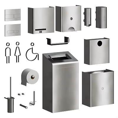 Stainless Steel Bathroom Accessories With Toilet Paper Holder Trash Can Soap Dispenser And Towel Rack 3d model