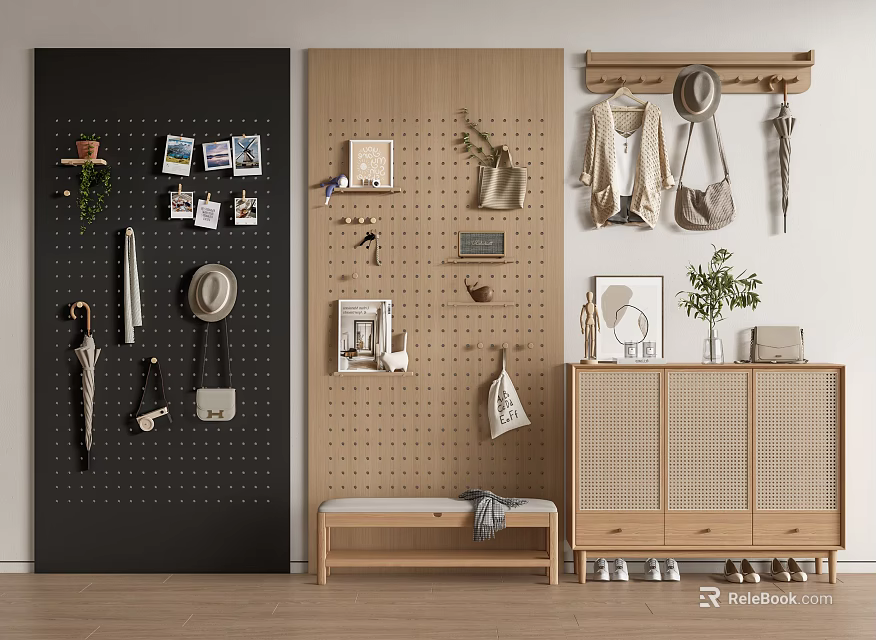 Modern Wooden Shoe Cabinet With Pegboard Wall Bench Coats Hats Bags Shoes And 3d model 
