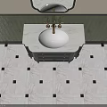 Stylish Black Bathroom Vanity With White Countertop Brass Faucet Oval Mirror And Green Striped Tiles