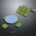 Modern Furniture Set Featuring Round White Tabletop Green Seats Chairs And Bench