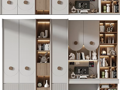 Modern Decorative Cabinet Design With Lighting Open Shelves Ornaments And Books 3d model