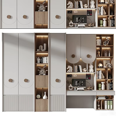 Modern Decorative Cabinet Design With Lighting Open Shelves Ornaments And Books 3d model