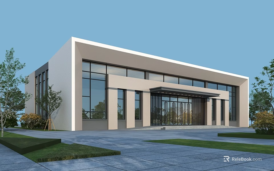Modern School Building With Large Glass Windows Spacious Entrance Surrounded By Lawns And Trees 3d model 