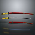 Japanese Samurai Swords With Red Scabbards Yellow Hilts And Decorative Patterns