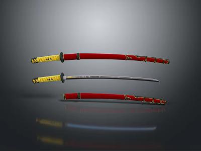 Japanese Samurai Swords With Red Scabbards Yellow Hilts And Decorative Patterns 3d model