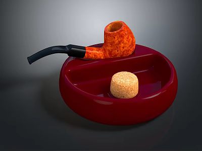 Orange Textured Tobacco Pipe On Round Red Ashtray With Cork Stopper 3d model