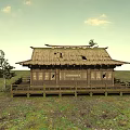 Traditional Thatched House With Straw Roof Wooden Veranda And Grassland Tree Surroundings
