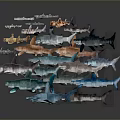 Various Colored Sharks Displayed in Layered Arrangement on Gray Background