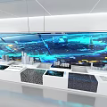Modern Tech Control Room Featuring Large Screen Data Display And Multiple Operation Desks 3d model