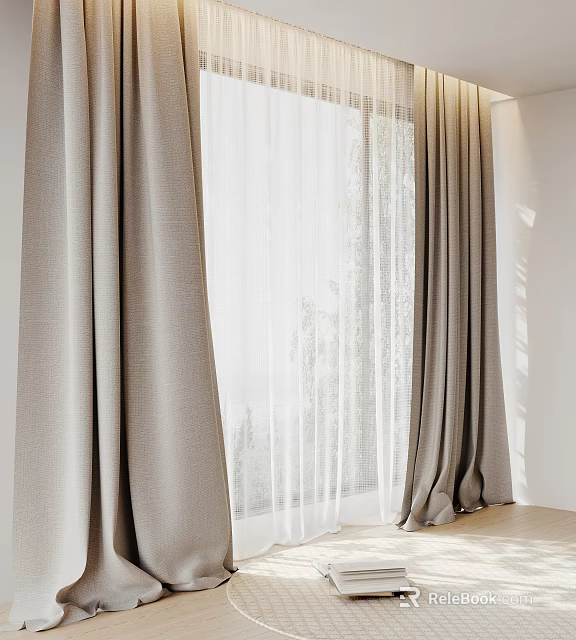 Elegant Light Gray Linen Curtains With Sheer White Layers And Window Tree View 3d model