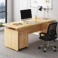 Office Interior with Wooden Desk Computer Monitor Keyboard Notebook Desk Lamp Black Chair and Window