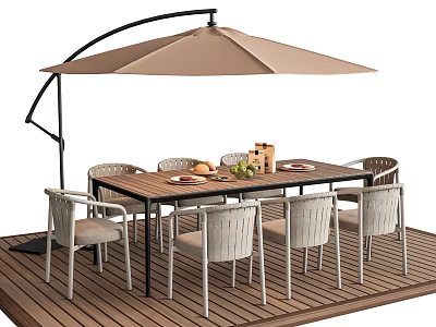 Outdoor Table with Umbrella and Chairs on Wooden Deck for Leisure Dining 3d model
