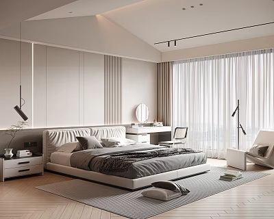 Modern Bedroom Interior Design With Large Bed Nightstand And Floor to Ceiling Windows 3d model