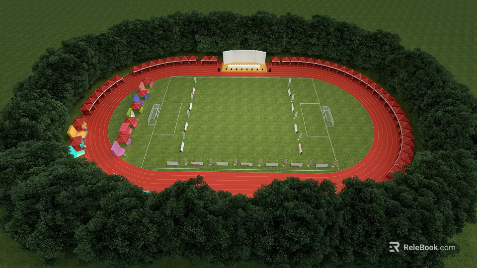 Standard Football Stadium With Red Running Track Surrounded By Dense Green Woods And Comfortable Grandstand 3d model 