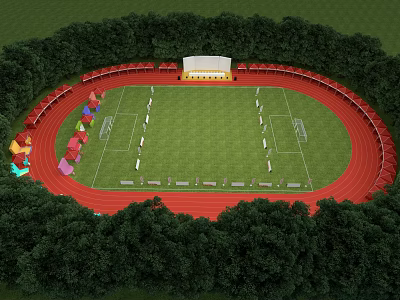 Standard Football Stadium With Red Running Track Surrounded By Dense Green Woods And Comfortable Grandstand 3d model