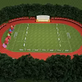 Standard Football Stadium With Red Running Track Surrounded By Dense Green Woods And Comfortable Grandstand