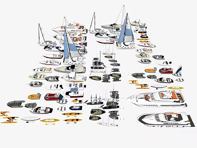 Different Types of Wooden Boats Featuring Sailboats Yachts and Small Crafts on Water 3d model