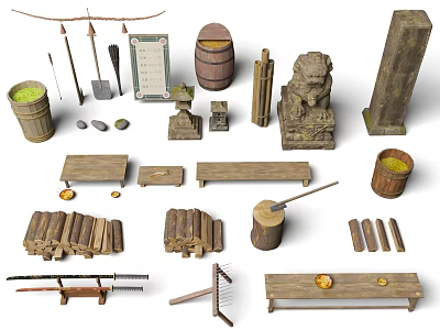 Ancient Weapon Collection Featuring Bow Arrows Spear Swords Stone Decor And Wooden Racks 3d model