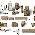 Ancient Weapon Collection Featuring Bow Arrows Spear Swords Stone Decor And Wooden Racks