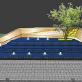 Modern Geometric Feature Wall With Stone Steps Blue Fountains And Green Tree