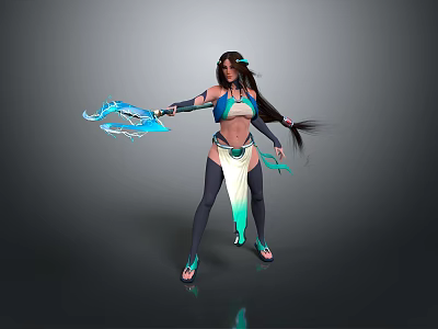 Fantasy 3D Female Character With Blue And White Outfit Twin Ponytails And Decorative Weapon 3d model