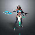 Fantasy 3D Female Character With Blue And White Outfit Twin Ponytails And Decorative Weapon