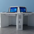Octagonal White Office Desk With Three Laptops Displaying Windows Interface Drawers And Ventilation Holes