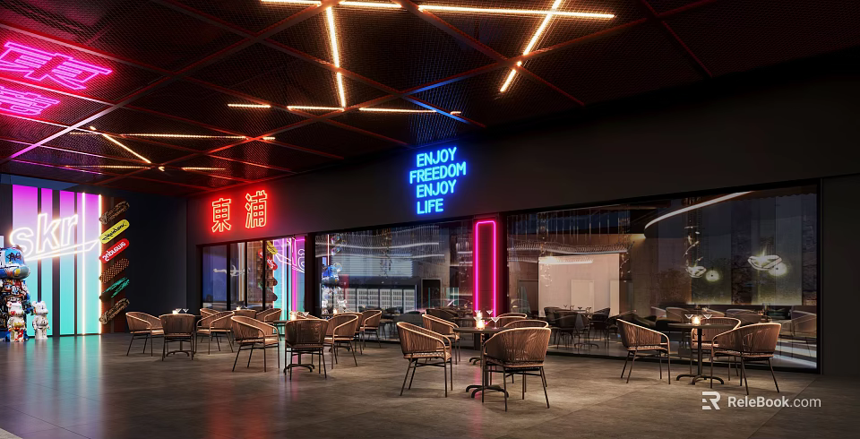 Modern Bar With Neon Lights Outdoor Seating Area And Lighting Design 3d model 