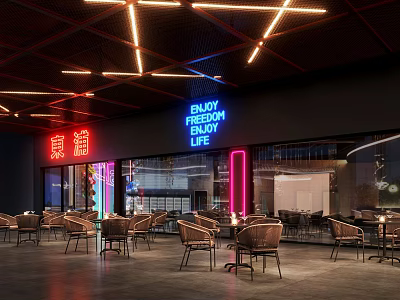Modern Bar With Neon Lights Outdoor Seating Area And Lighting Design 3d model
