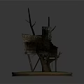 Elevated Wooden Tree House Structure With Ladder Platform Thatched Roof And Grass Base