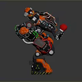 Red and Black Mechanical Game and Movie Character with Large Arms and Green Accents