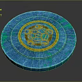 Circular Floor Tile With Blue Green Surface And Golden Central Pattern