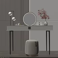 Modern White Dressing Table with Round Mirror Table Lamp and Vase on Striped Wall