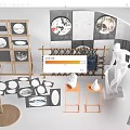 Wooden Display Shelves Featuring Circular Boards White Sculptures Decorative Artworks And Modern Setup