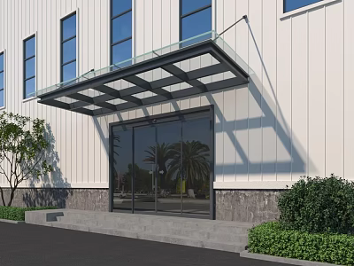 Glass Metal Frame Canopy Over Building Entrance With White Wall Blue Windows and Green Plants 3d model