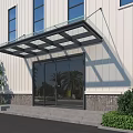 Glass Metal Frame Canopy Over Building Entrance With White Wall Blue Windows and Green Plants