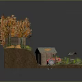 Cartoon Autumn Scene with Orange Leaf Trees Small Wooden Cabin Red Tractor and Winding Path